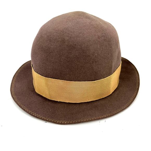Giorgio Armani Women\'s Vintage Brown Fur Felt Round‎ Brim Hat Gold Ribbon (58) main image 4